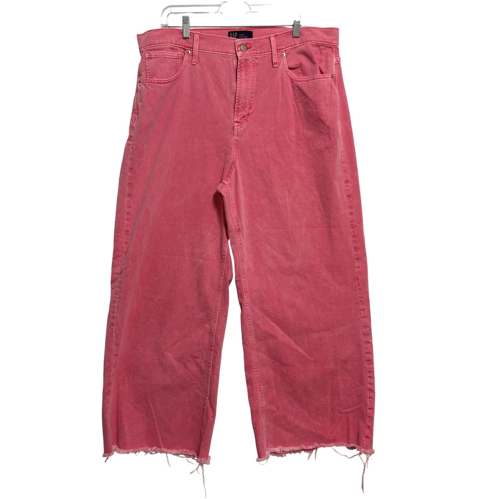 Gap High Rise Wide-Leg Jeans Women 18/34R Pink Raw Hem Cropped Barbie Festival
